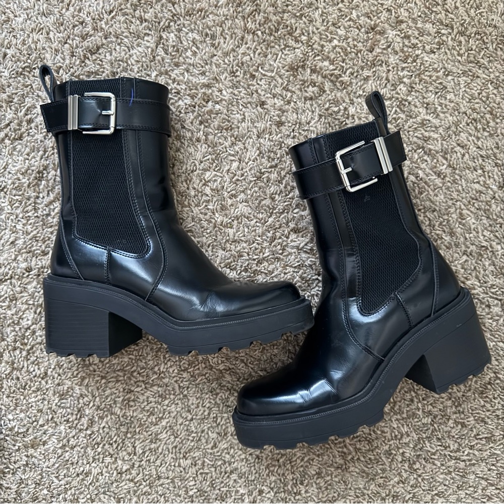 Zara Black Combat Boots with Silver Buckle